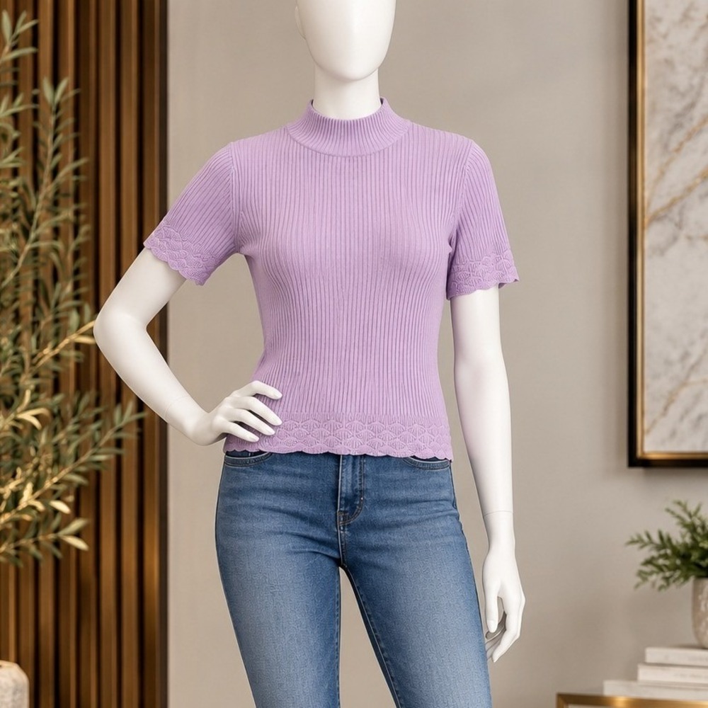 Crystal Kobe Womens Sweater Mock Neck Ribbed Pointelle Purple Petite Medium